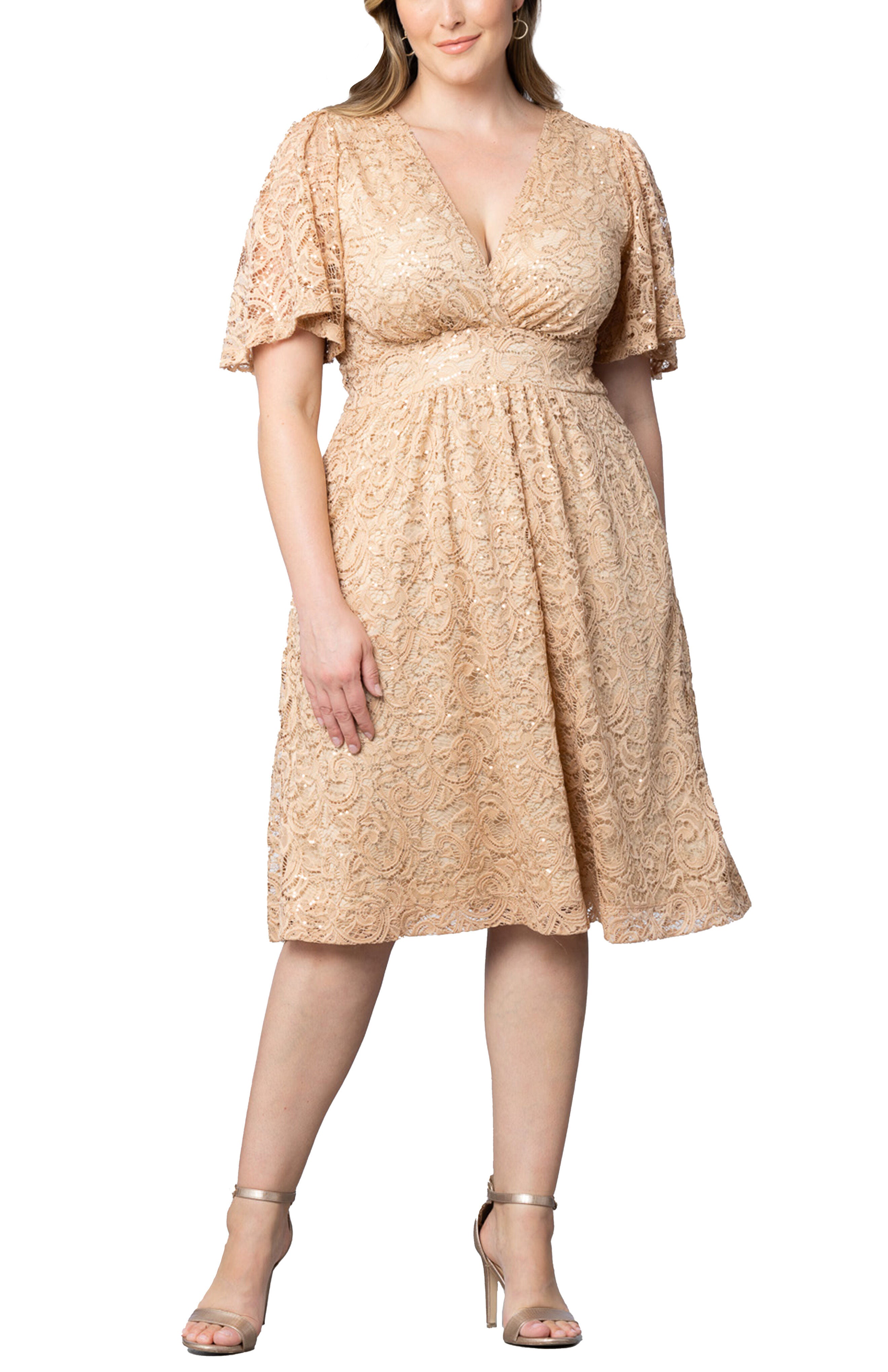 Starry Sequined Lace Cocktail Dress, CHAMPAGNE / Gold, hi-res image number 0