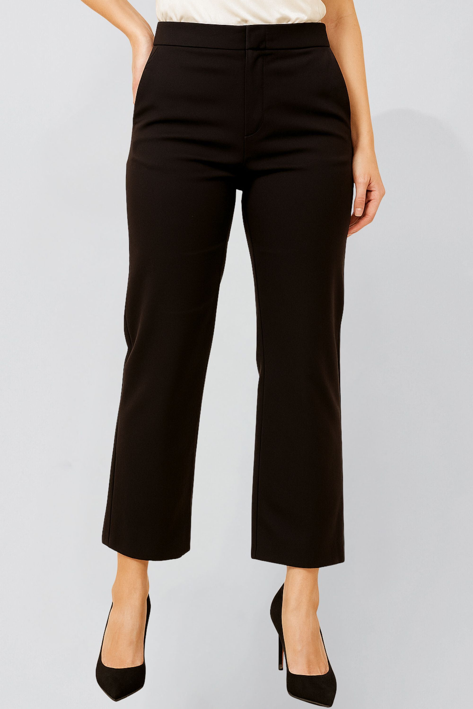 Romy Black Tailored Cropped Pants Clean Front Slim Straight Leg, BLACK / Black, hi-res image number 0