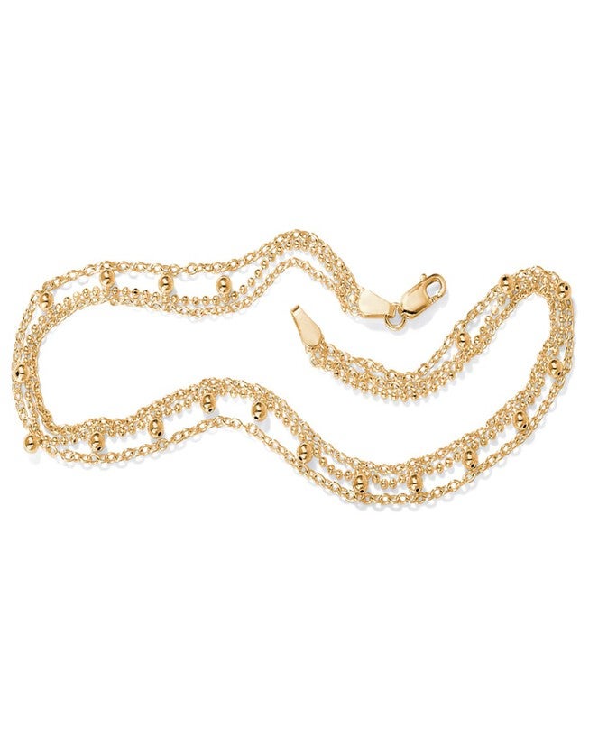 Triple-Strand Beaded Ankle Bracelet in Gold-Plated Sterling Silver, Yellow / Yellow, hi-res image number null