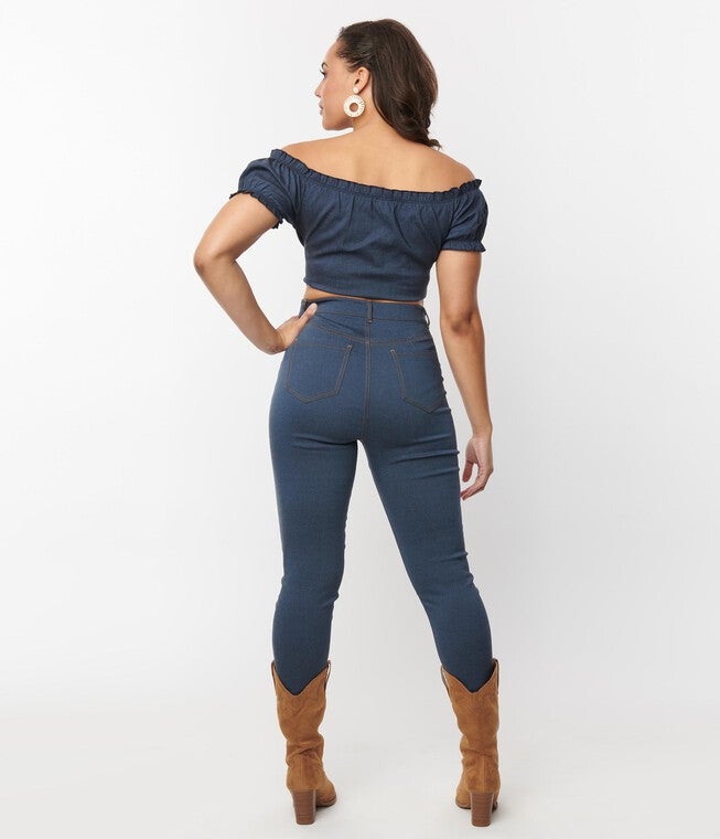 Unique Vintage Indigo Denim Cuffed Jeans, , alternate image number null