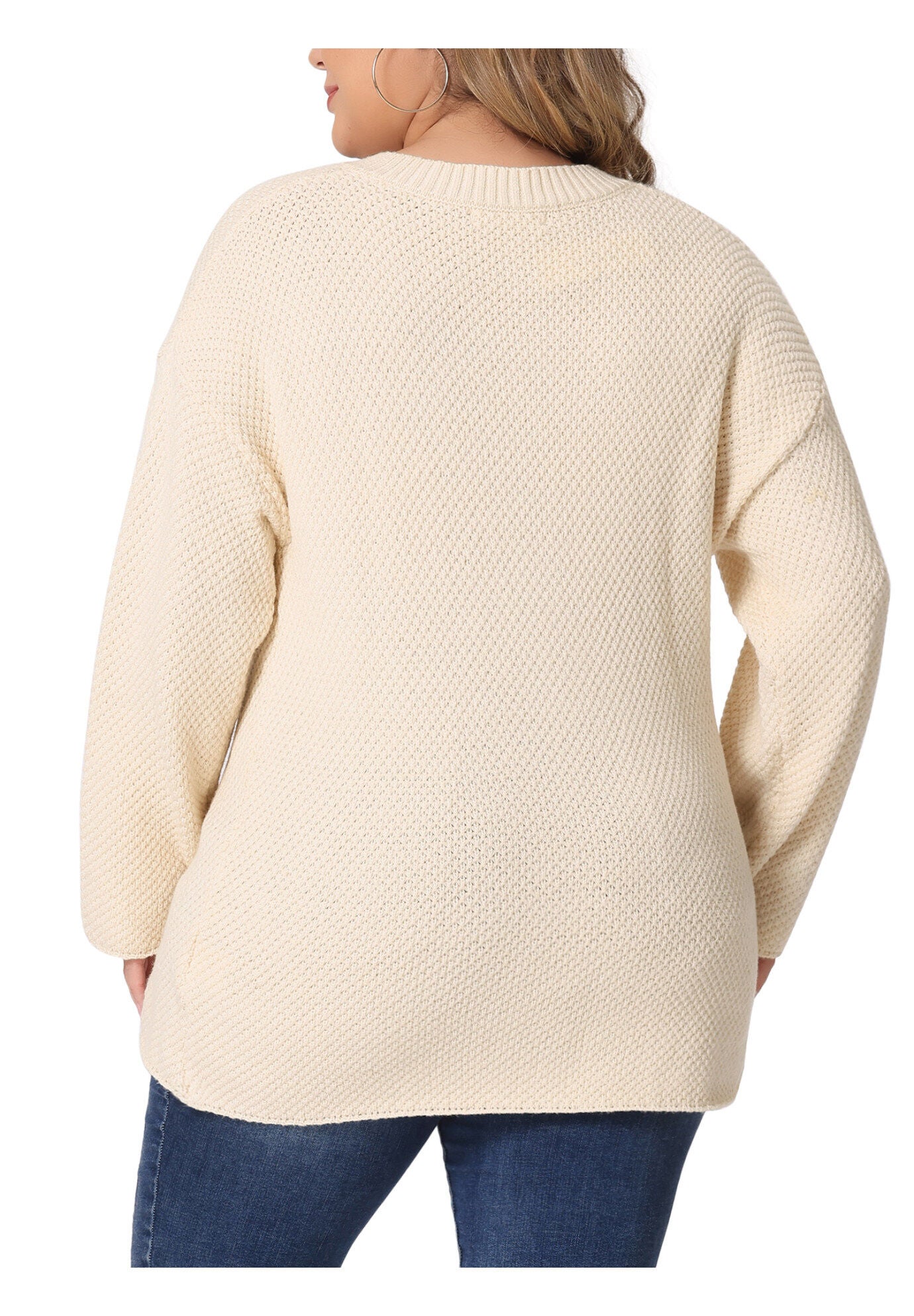 Round Neck Long Sleeve Button Knit Pullover Sweater Top, Beige / Beige, alternate image number 3