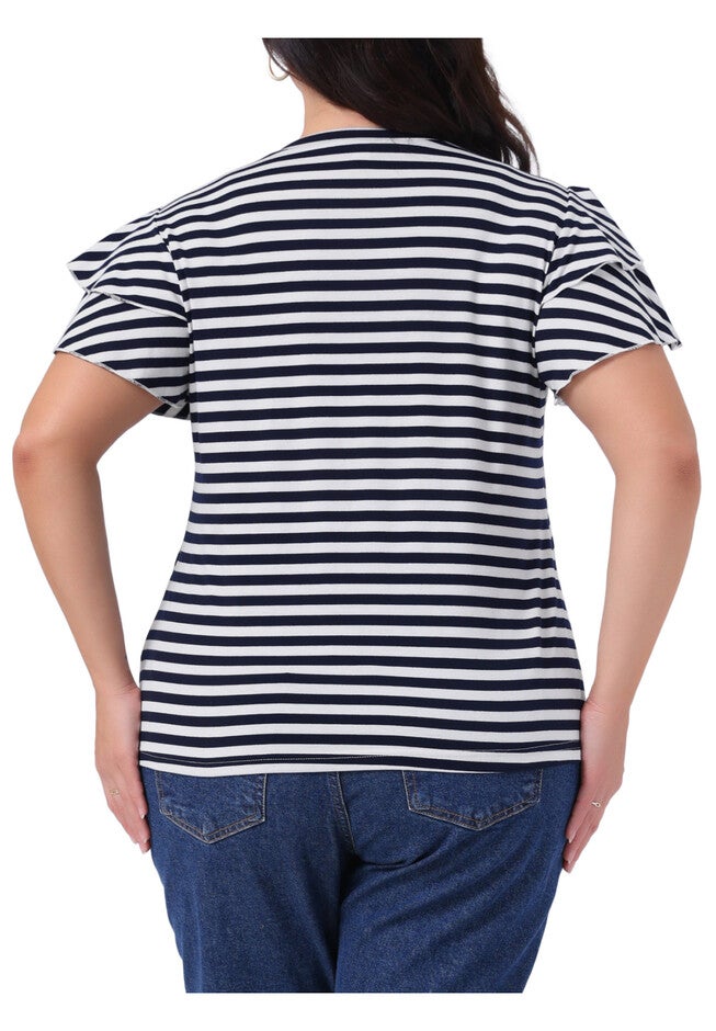 Summer Striped Ruffle Short Sleeve Casual T-Shirt, Navy Blue / Navy, alternate image number null