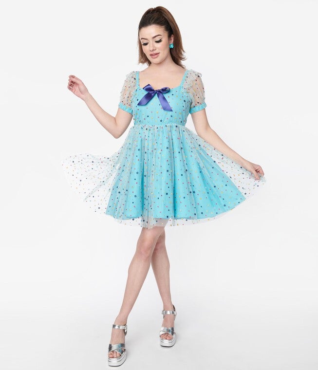 Smak Parlour Blue & Multi Star Puff Sleeve Babydoll Dress, Blue Rainbow Polka Dots / Light Blue, hi-res image number null