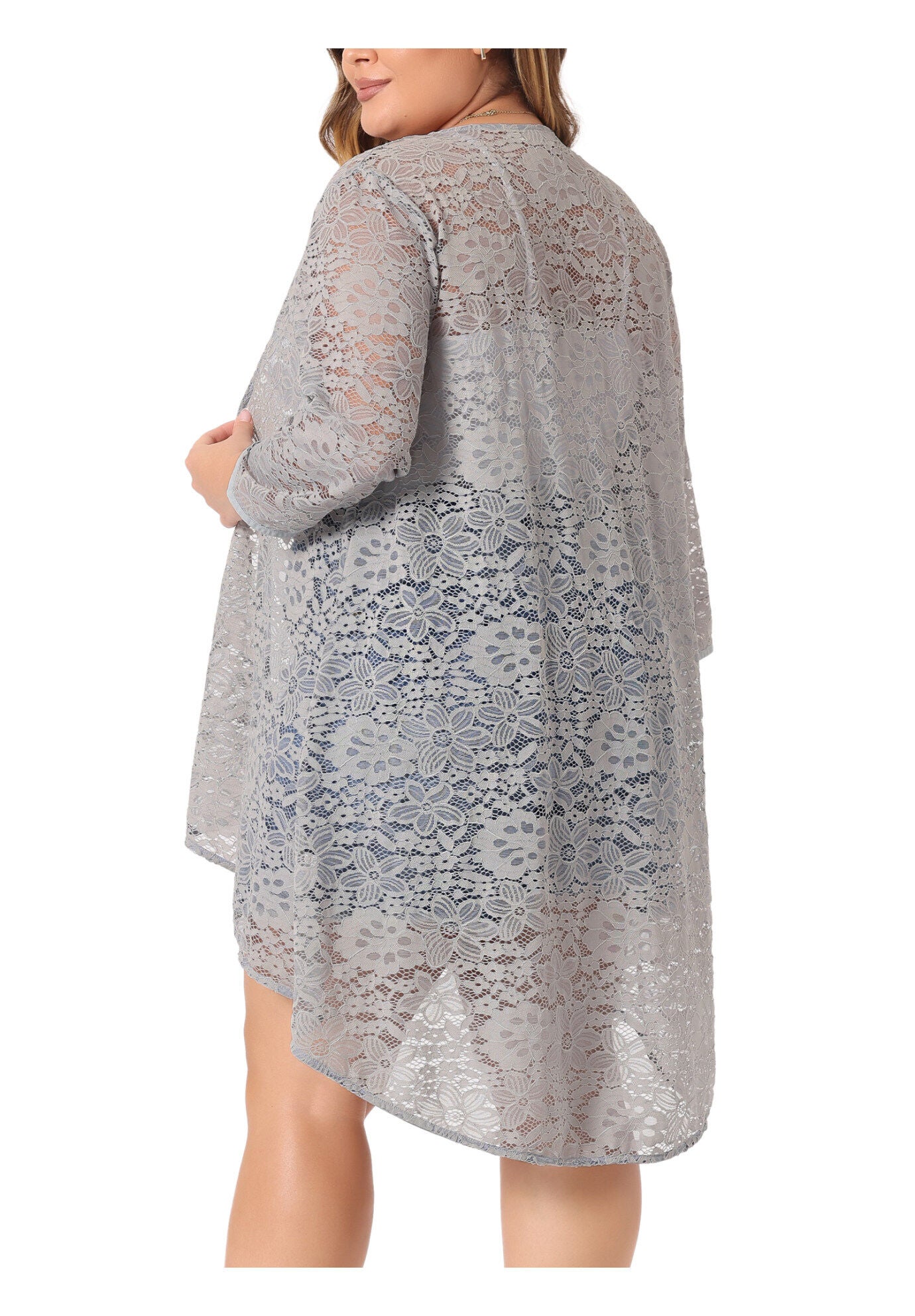 LIGHTWEIGHT 3/4 SLEEVE OPEN FRONT CROCHET LACE COVER UP, Gray / Light Grey, alternate image number 3