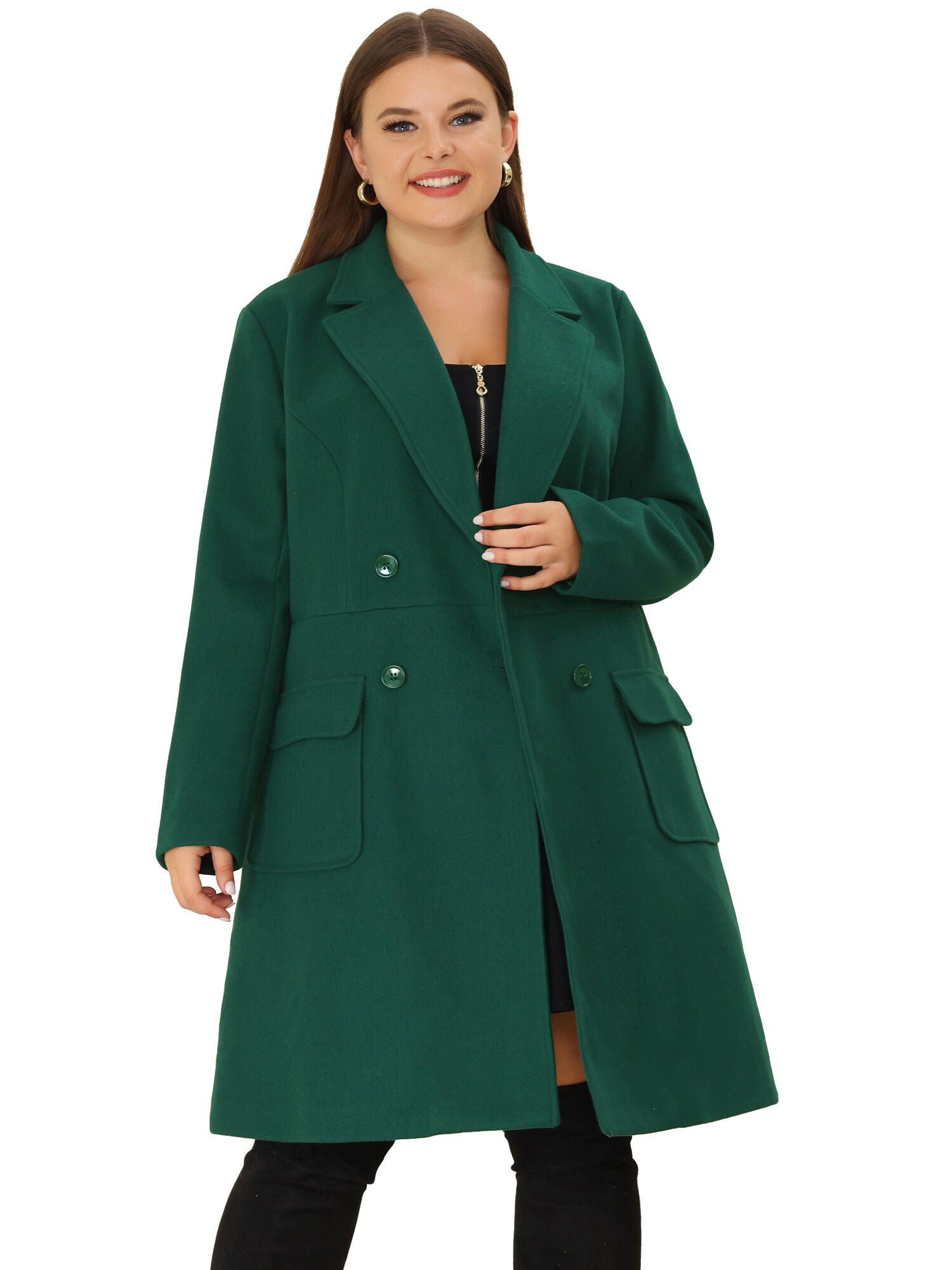 NOTCH LAPEL DOUBLE BREASTED PEA TRENCH COAT, Dark Green / Forest Green, alternate image number 2