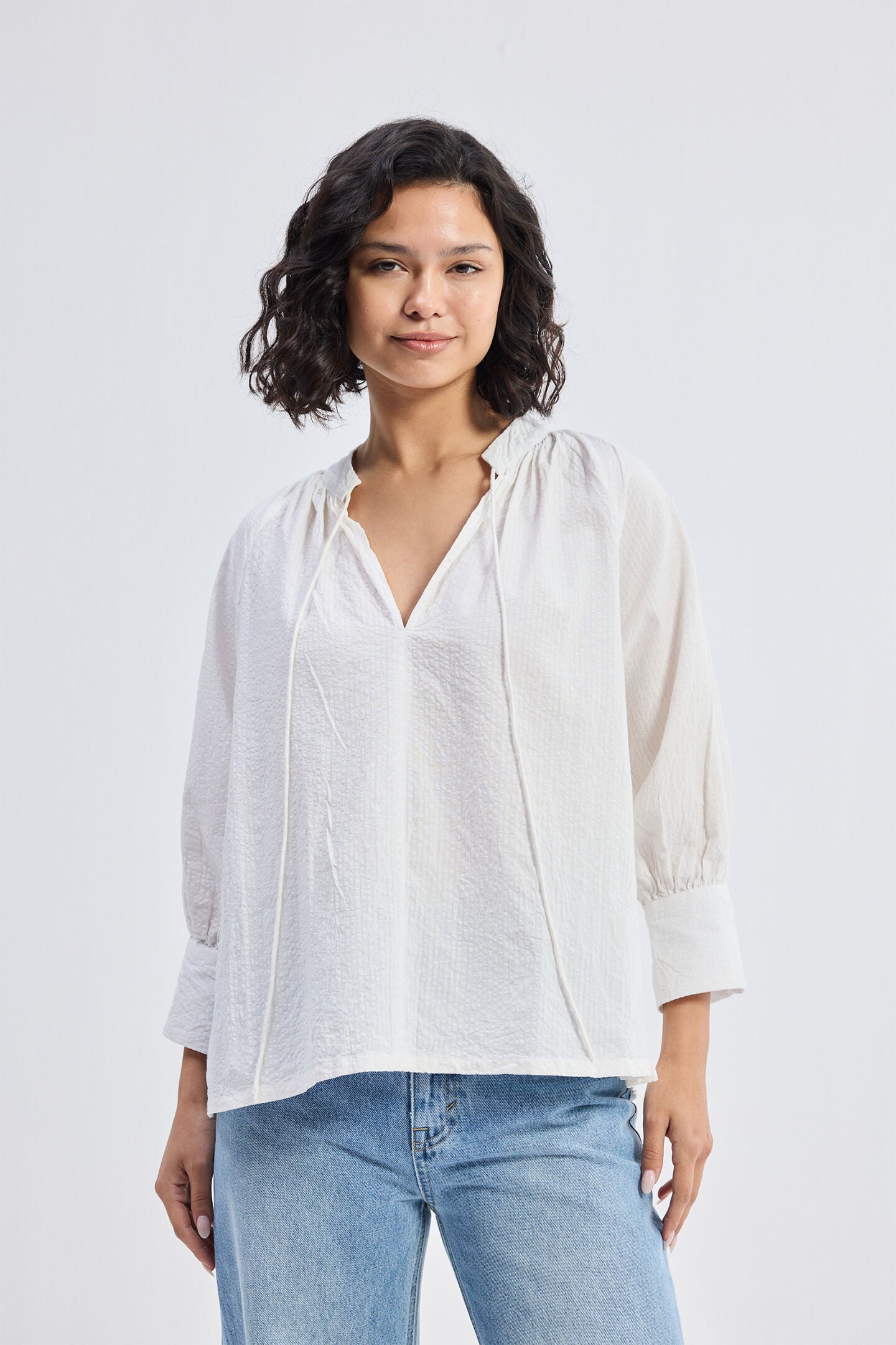Relaxed Fit Top with Front-tie in Cream, Striped Horizon / White, hi-res image number 0
