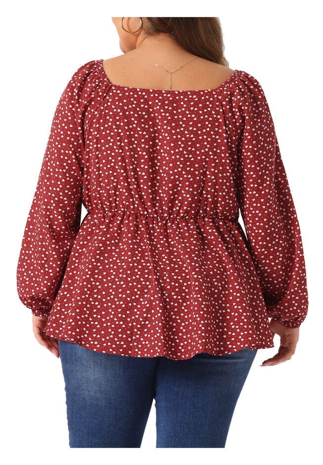 Sweetheart Neck Long Sleeve Printed Peplum Top Blouse, Burgundy / Burgundy, alternate image number 3