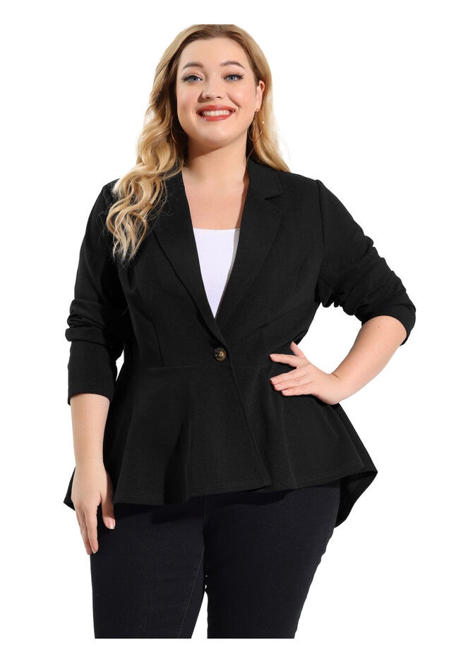 RUFFLE V NECK BUTTON NOTCH PANEL PEPLUM BLAZER, Black / Black, alternate image number 2