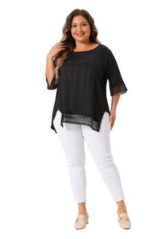Crewneck Lace Crochet Short Sleeve Casual Loose Top