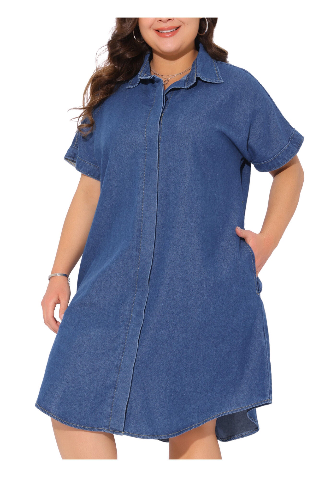 Short Sleeve Button Down with Pockets Midi Jean Denim Shirt Dress, Blue / Chambray Denim Medium, alternate image number 1