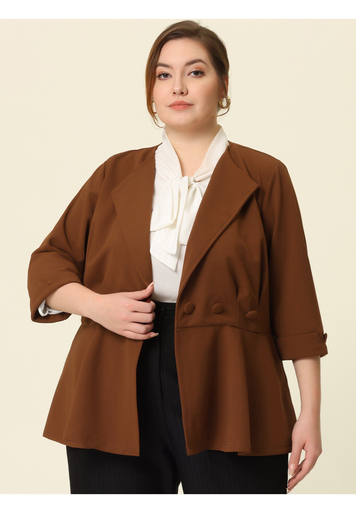 NOTCHED LAPEL PEPLUM JACKET SUIT BLAZER, Brown / Brown, alternate image number 1