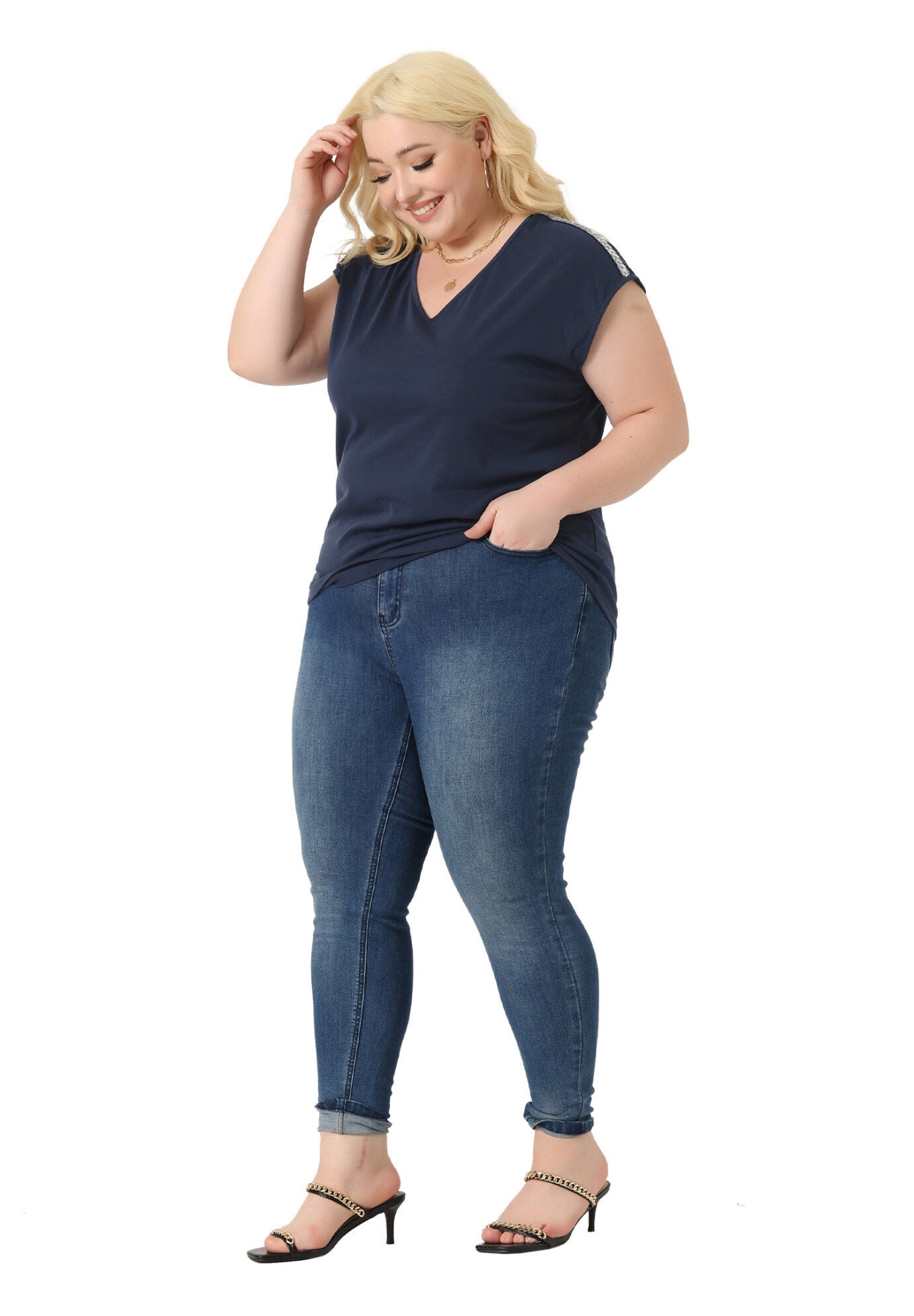 V Neck Sleeveless Basic Summer T-Shirt Top, Navy Blue / Navy, hi-res image number 0