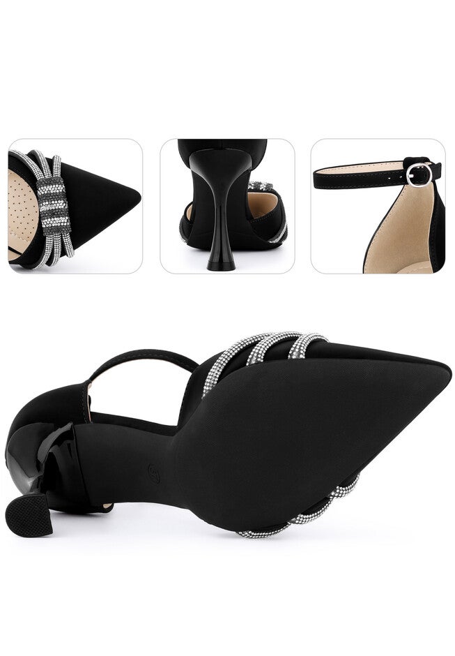 Pointed Toe Ankle Strap Rhinestone Stiletto High Heel Pumps, Black / Black, alternate image number 3