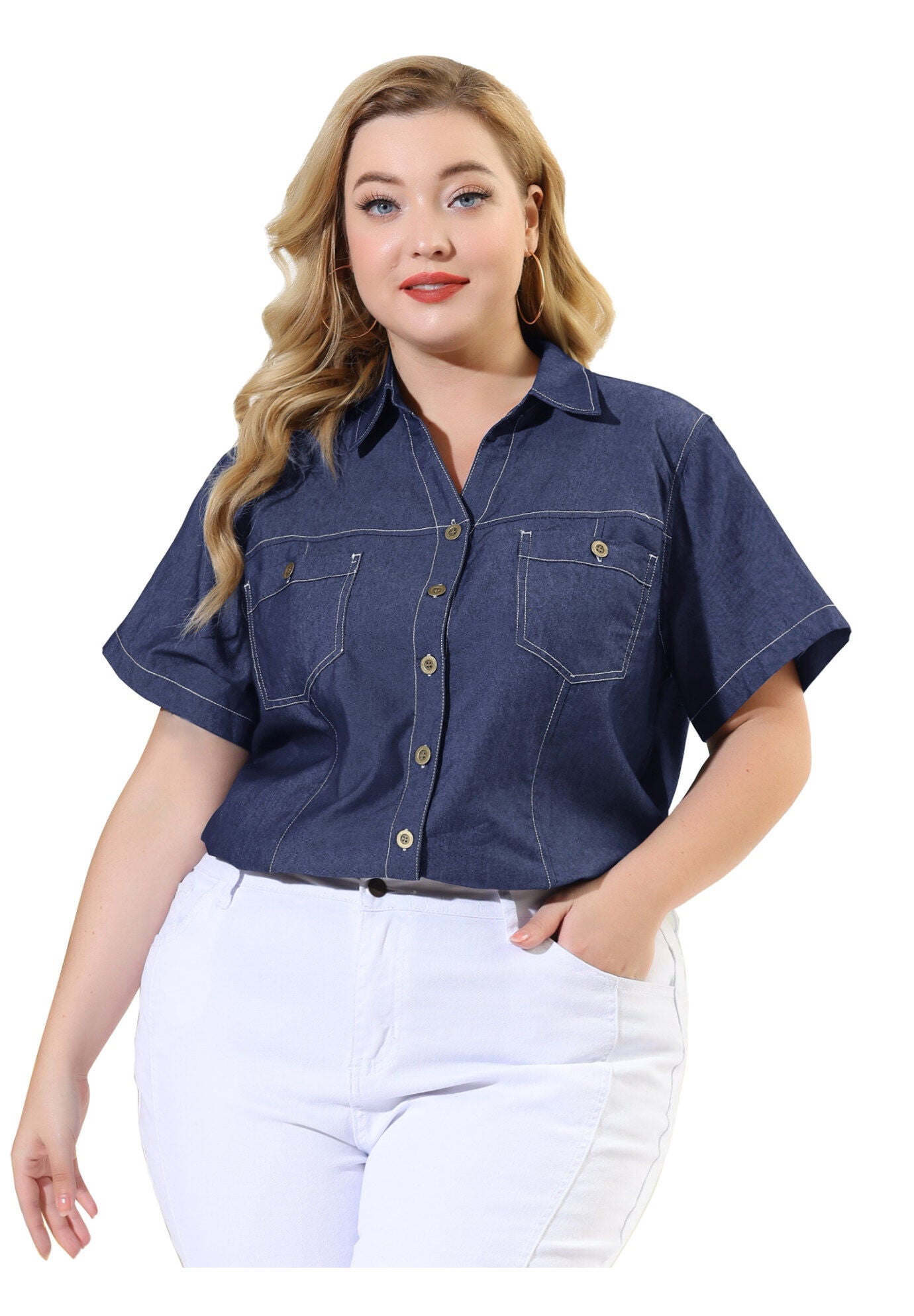 Short Sleeve Chambray Button Down Denim Shirt, Black Blue / Chambray Denim Medium, alternate image number 3
