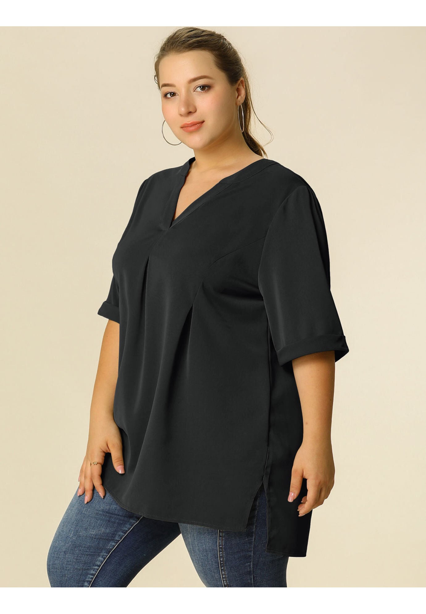 V Neck Casual Solid 1/2 Sleeve Tunic Blouse, Black / Black, alternate image number 3
