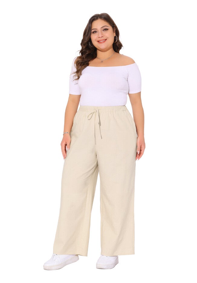 Cotton Linen Summer Palazzo Pants Drawstring Relaxed Fit Wide Leg Trousers with Pockets, Apricot / Cream, hi-res image number 0