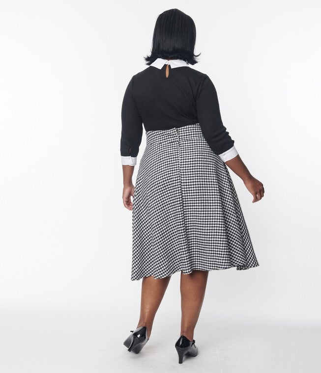 Unique Vintage Black & White Houndstooth High Waist Vivien Swing Skirt, Black White Houndstooth / Black, alternate image number null