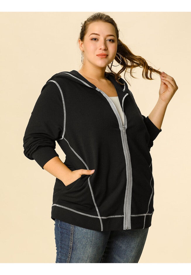 ZIP FRONT LONG SLEEVE HOODIE JACKET, Black / Black, alternate image number 3