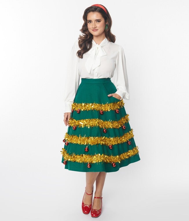 Unique Vintage Green & Gold Tinsel & Ornament Soda Shop Swing Skirt, Green Gold Tinsel Ornament / Forest Green, hi-res image number null