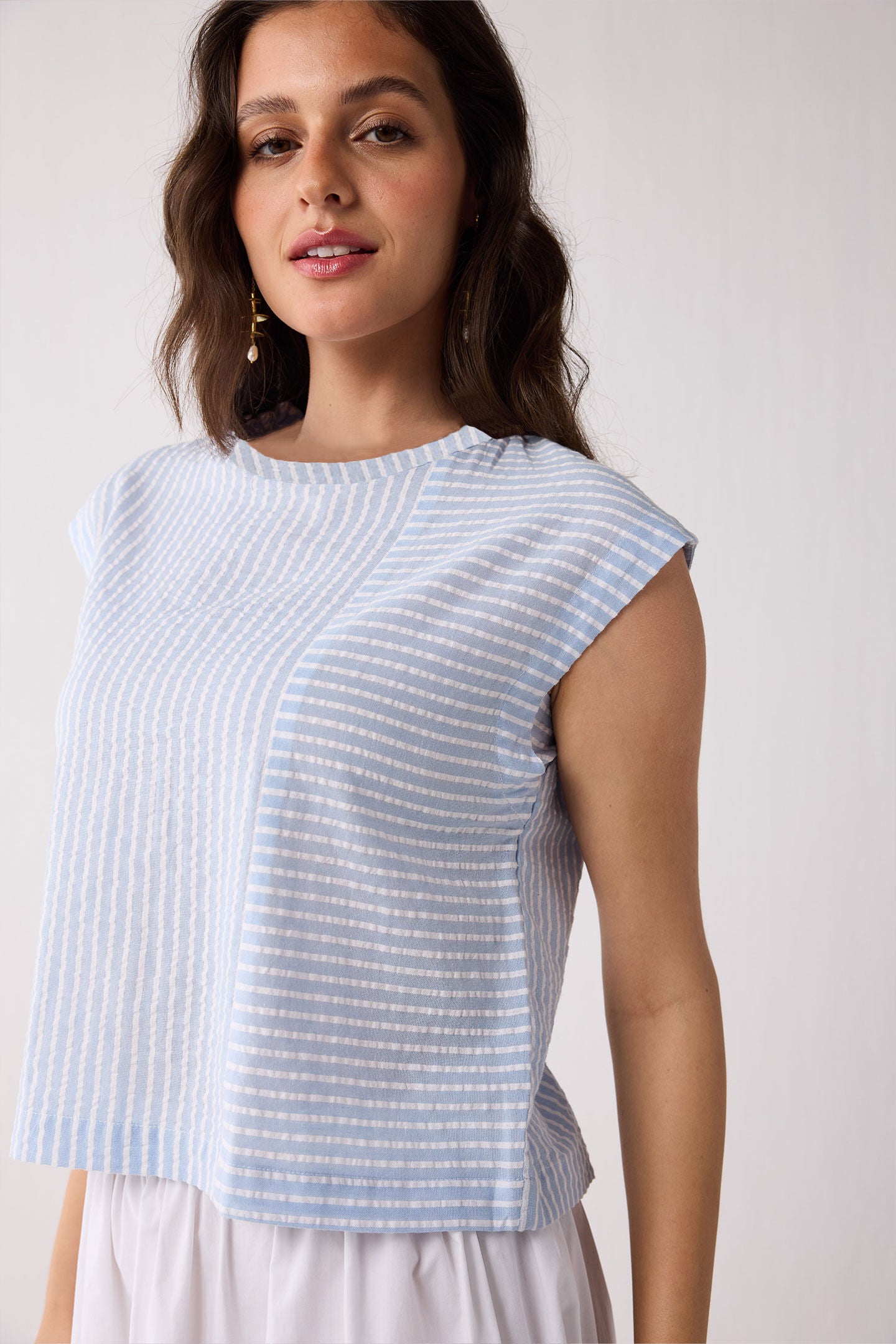 Button-Back Crew Neck Top in Blue Stripes, Cloudline / Light Blue, alternate image number 4