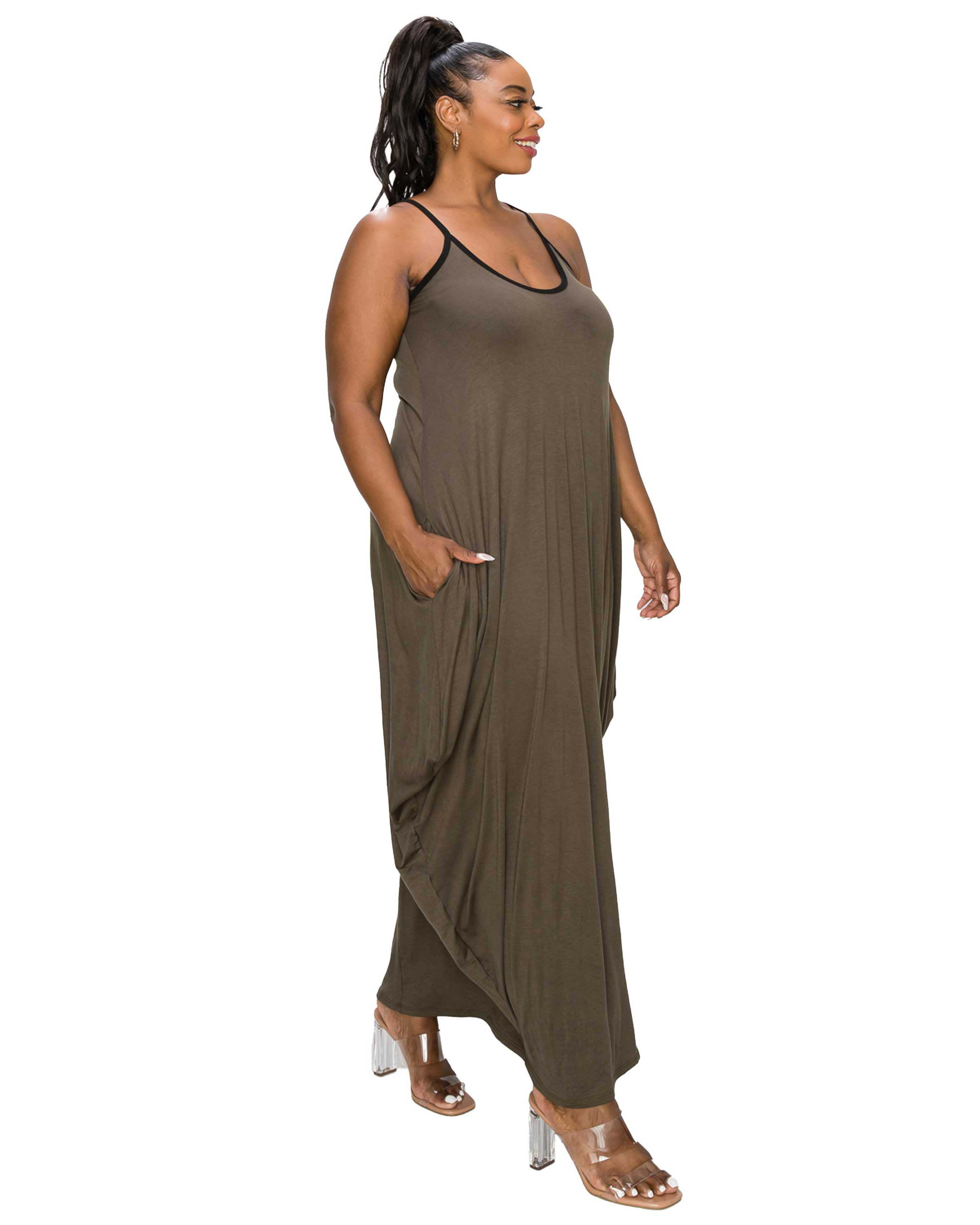 SPAGHETTI STRAP HAREM DRESS, Olive / Olive Green, alternate image number 1