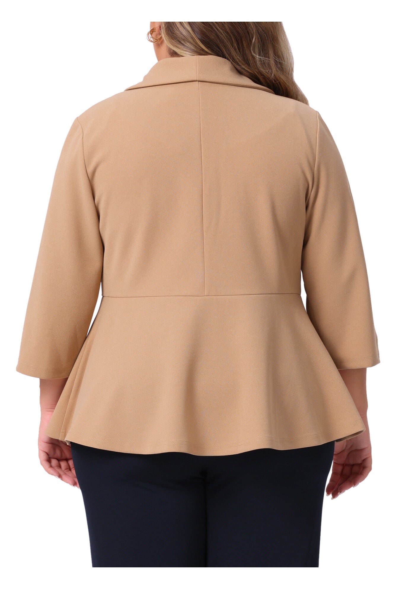 3/4 Sleeve Peplum Lapel Work Cardigan Blazer, Khaki / Beige, alternate image number 3