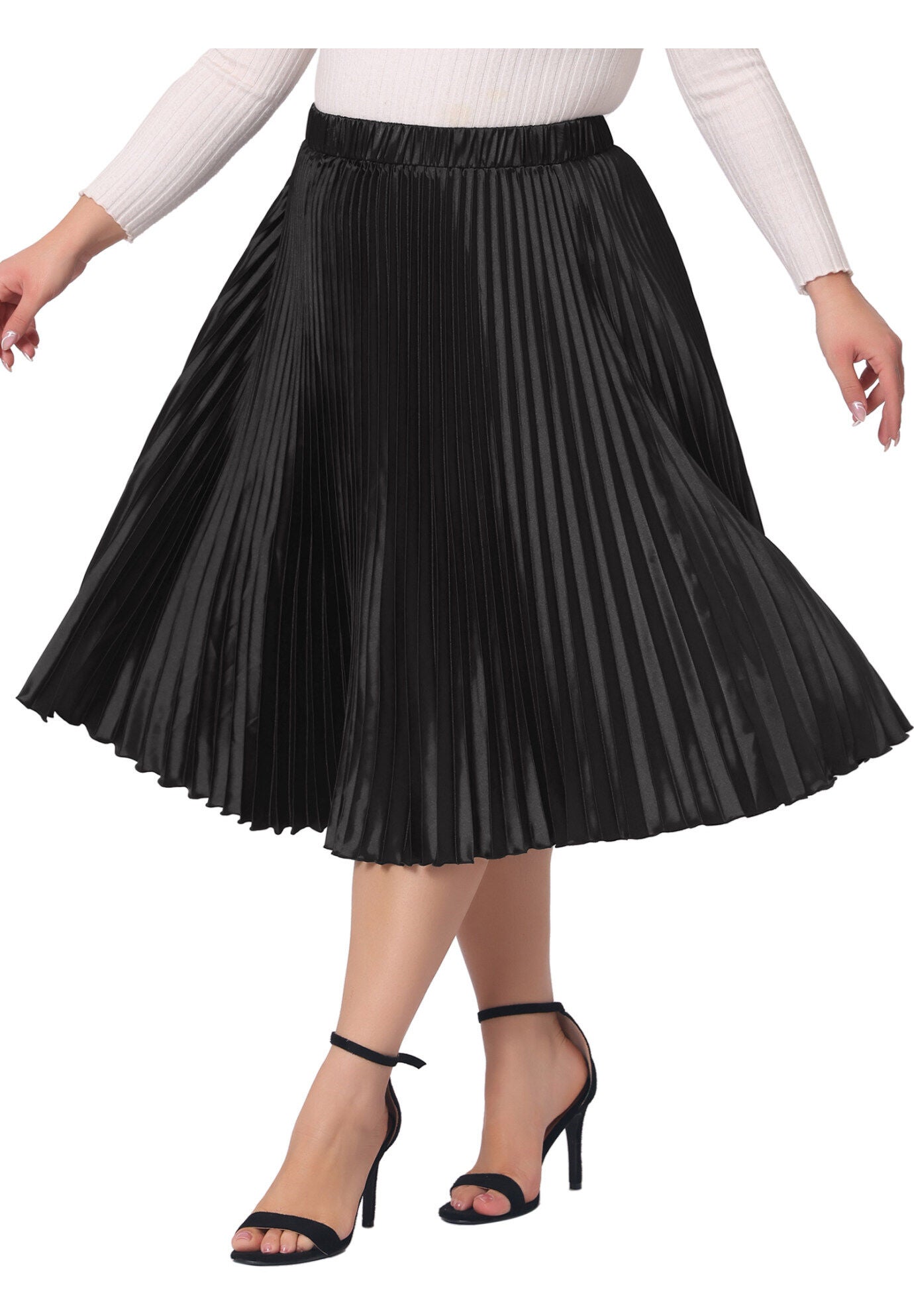 Elastic High Waist Metallic Shiny Accordion Pleated Midi Skirt, Black / Black, alternate image number 2