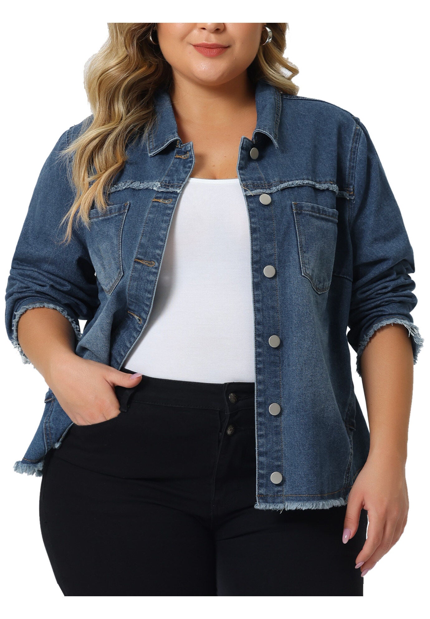 FRAYED HEM CLASSIC WASHED DENIM JEAN JACKET, Blue / Chambray Denim Medium, alternate image number 2