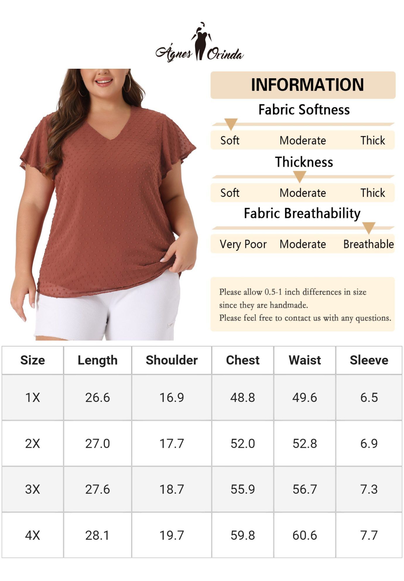 Swiss Dots Blouse V Neck Summer Short Sleeve Casual Top, Caramel / Brown, alternate image number 4