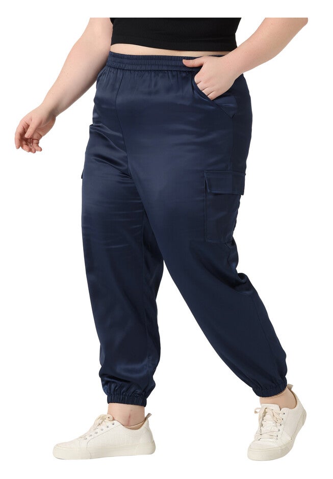 SATIN JOGGERS ELASTIC WAIST ATHLEISURE ANKLE LENGTH CARGO PANTS, Royal Blue / Royal Blue, alternate image number 2