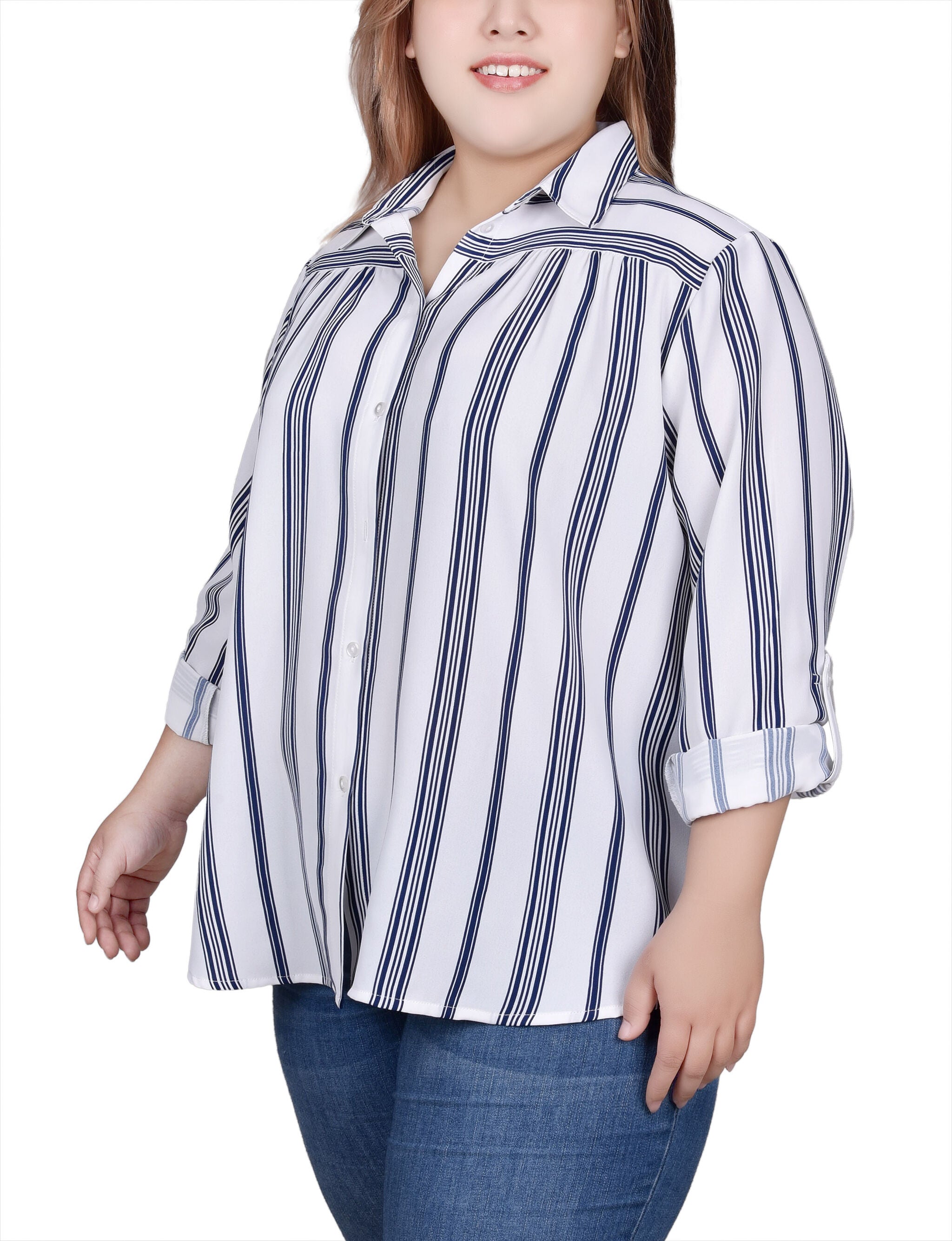 Long Roll Tab Sleeve Blouse, White Navy Stripe / white, alternate image number 1
