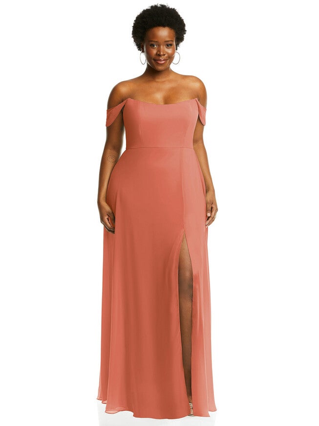 Off-the-Shoulder Basque Neck Maxi Dress with Flounce Sleeves, Terracotta Copper / Coral, hi-res image number 0