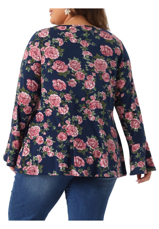 Floral Bell Long Sleeve Crew Neck Shirt Peplum Babydoll Top, Navy Blue / Navy, alternate image number null