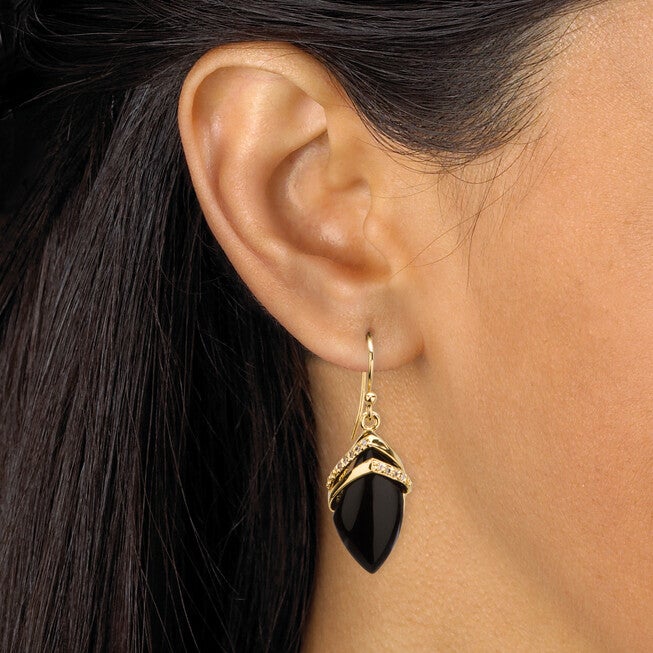 Marquise-Shaped Genuine Onyx Cubic Zirconia Accent 18k Gold-Plated Drop Earrings, Black / Black, alternate image number 2