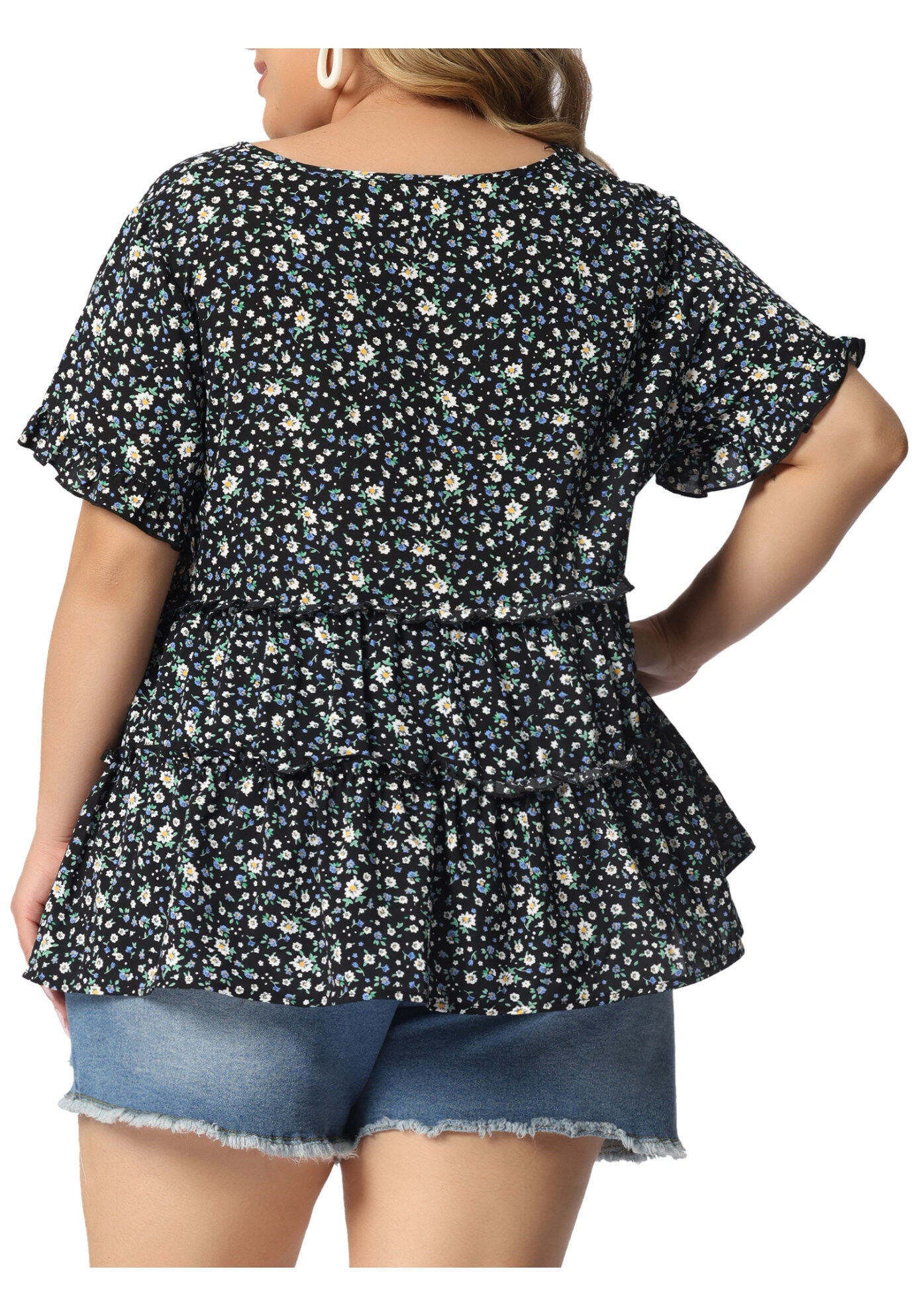 Floral Print V Neck Ruffles Sleeve Tiered Babydoll Blouse, Black / Black, alternate image number 4