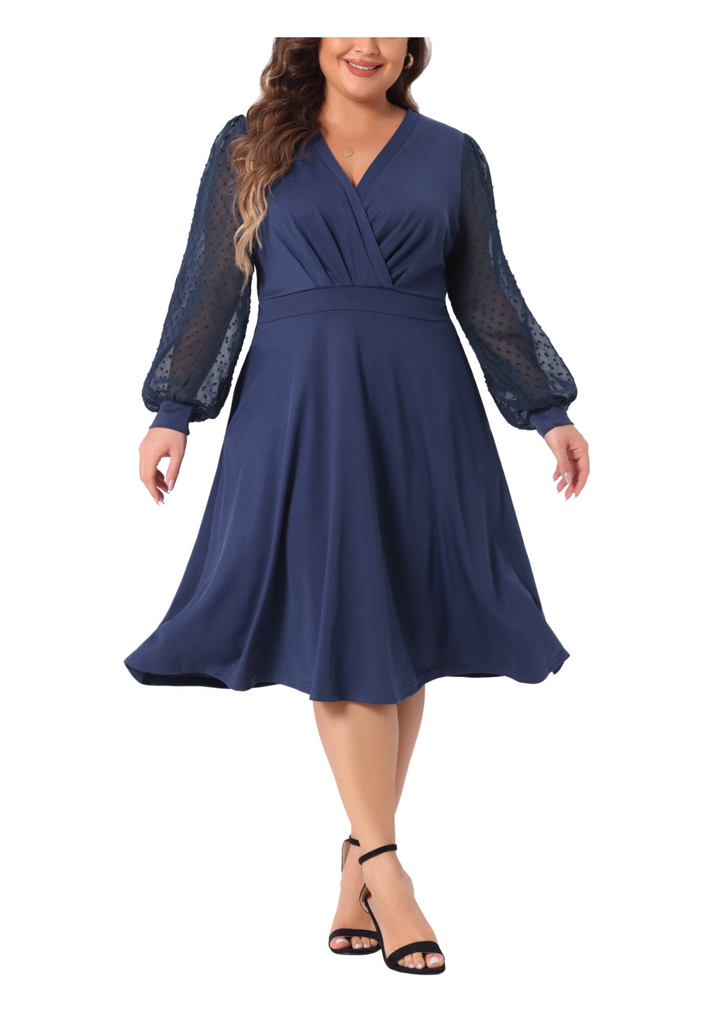Long Sleeve Swiss Dots Formal Knee Length Dress, Navy Blue / Navy, alternate image number 1