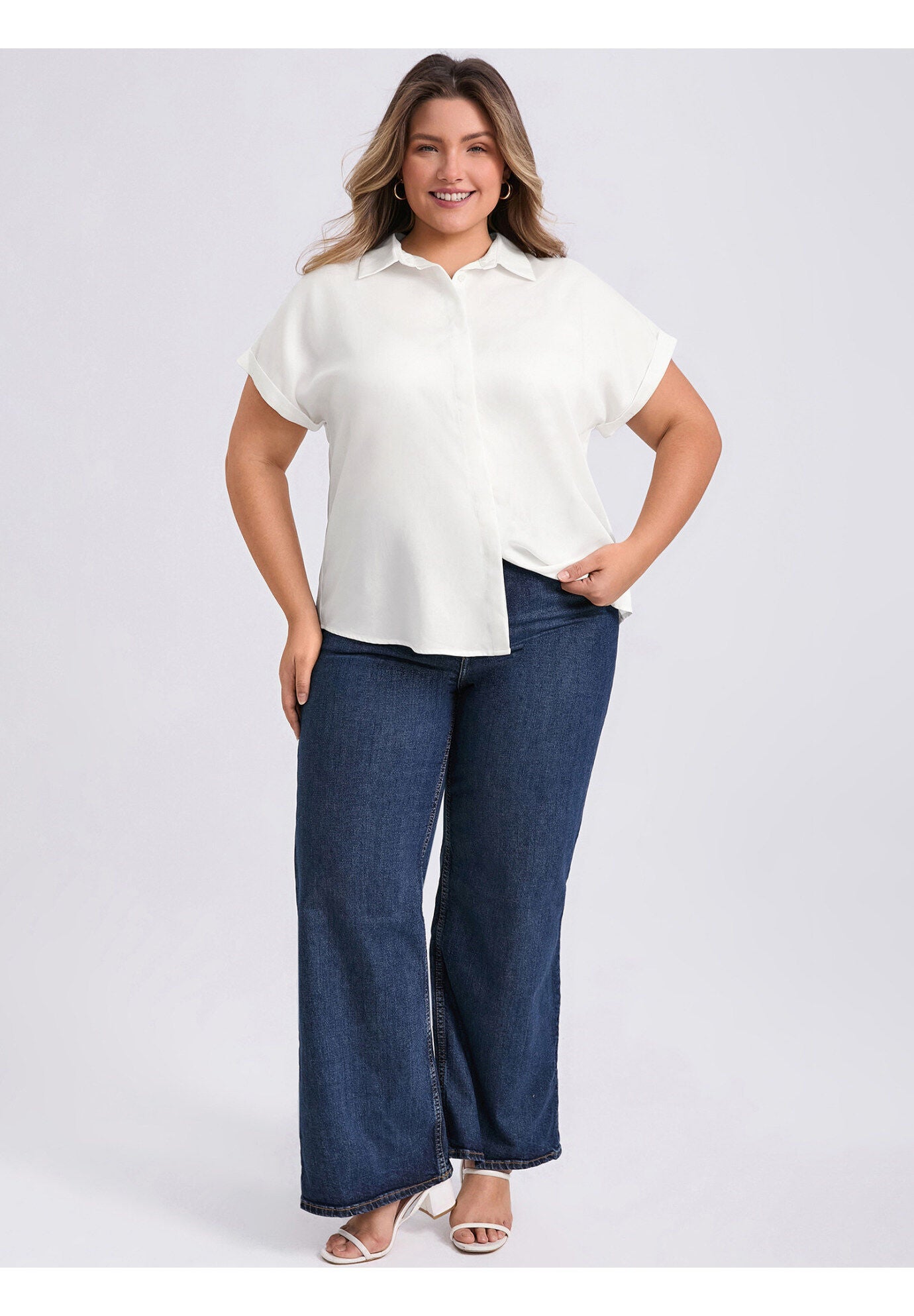 Button Down Lapel Shirt Rolled Cuffed Short Sleeve Collared Top, White / White, alternate image number 1