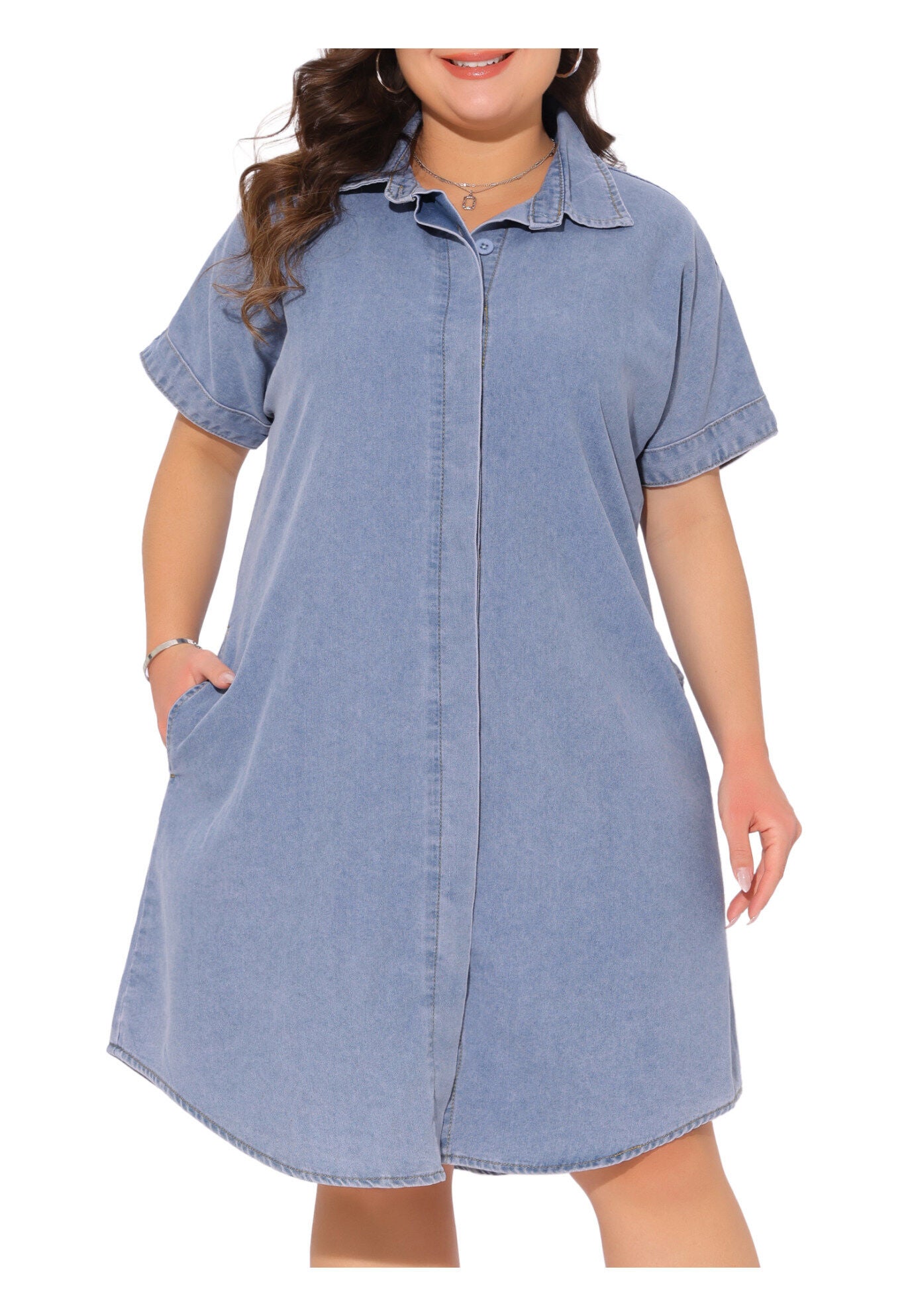Short Sleeve Button Down with Pockets Midi Jean Denim Shirt Dress, Light Blue / Light Blue, alternate image number 1