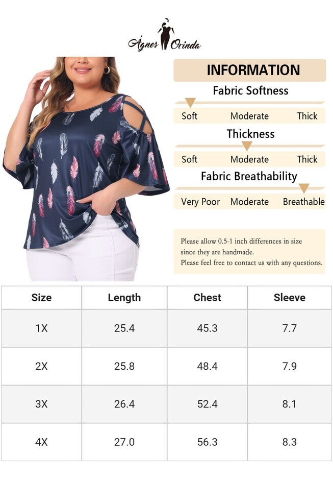 Cold Shoulder Feather Print Round Neck Summer Top, Navy Blue / Navy, alternate image number 4