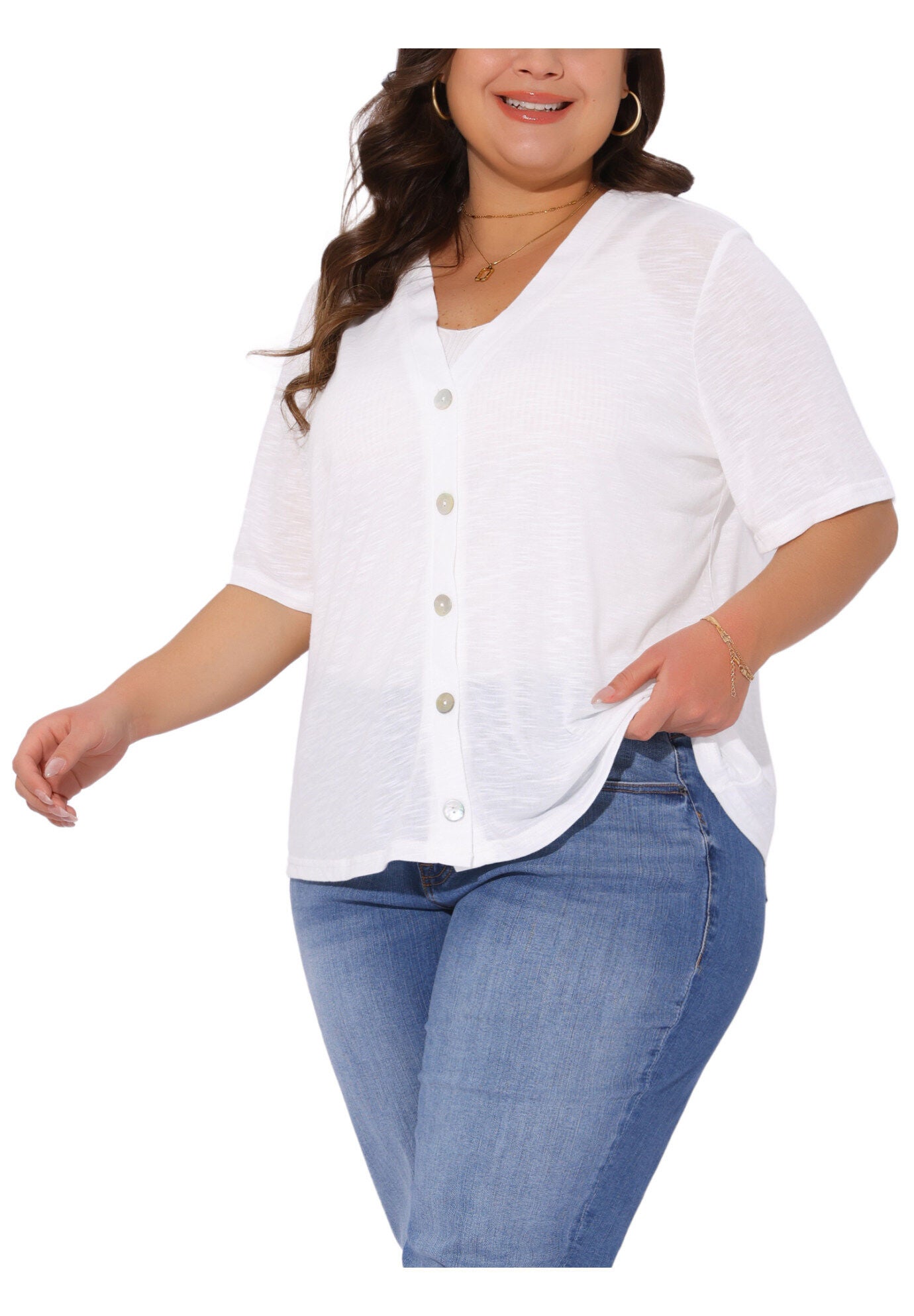 Button Down Sheer Short Sleeve Knitted Top, White / White, alternate image number 1