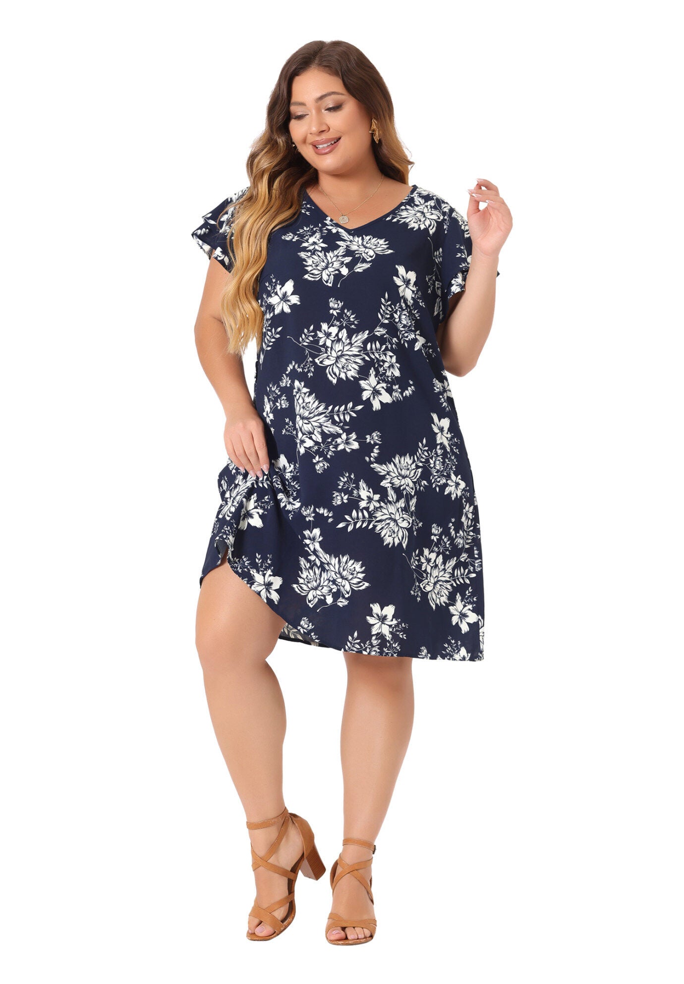 V Neck Tie Waist Layered Short Sleeve Floral Dress, Navy Blue / Navy, hi-res image number 0