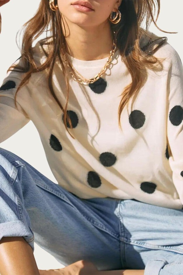 POLKA-DOT INTARSIA KNIT TOP IN OFF WHITE/BLACK, Off WhiteBlack / White, alternate image number null