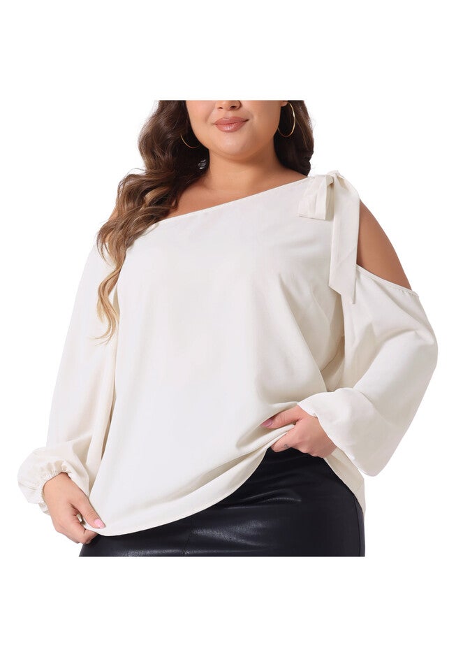 Cold Shoulder Tie Long Sleeve Blouse T-Shirt Tee Top, Beige / Beige, alternate image number 1