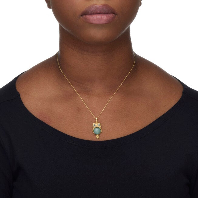 Round Cut Genuine Green Jade 18k Gold-plated Owl Pendant Necklace, 18 inches, , alternate image number 5