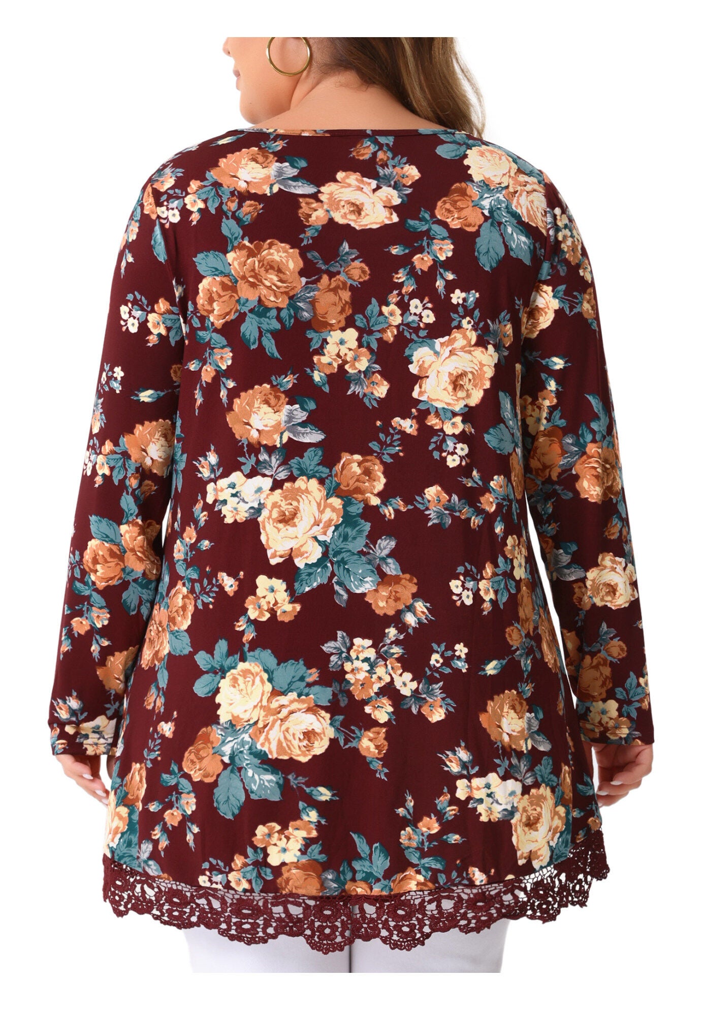 Crew Neck A-Line High Low Hem Floral Blouse, Burgundy / Red, alternate image number 3