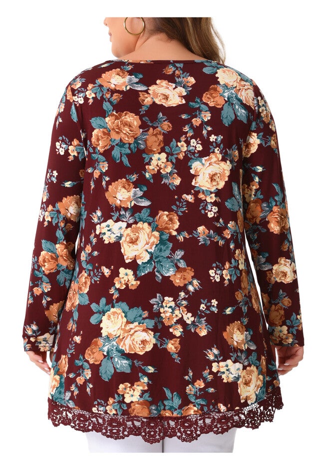 Crew Neck A-Line High Low Hem Floral Blouse, Burgundy / Red, alternate image number 3