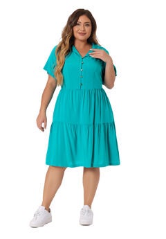 Short Sleeve Button Down Flowy Tiered Shirt Chambray Dress