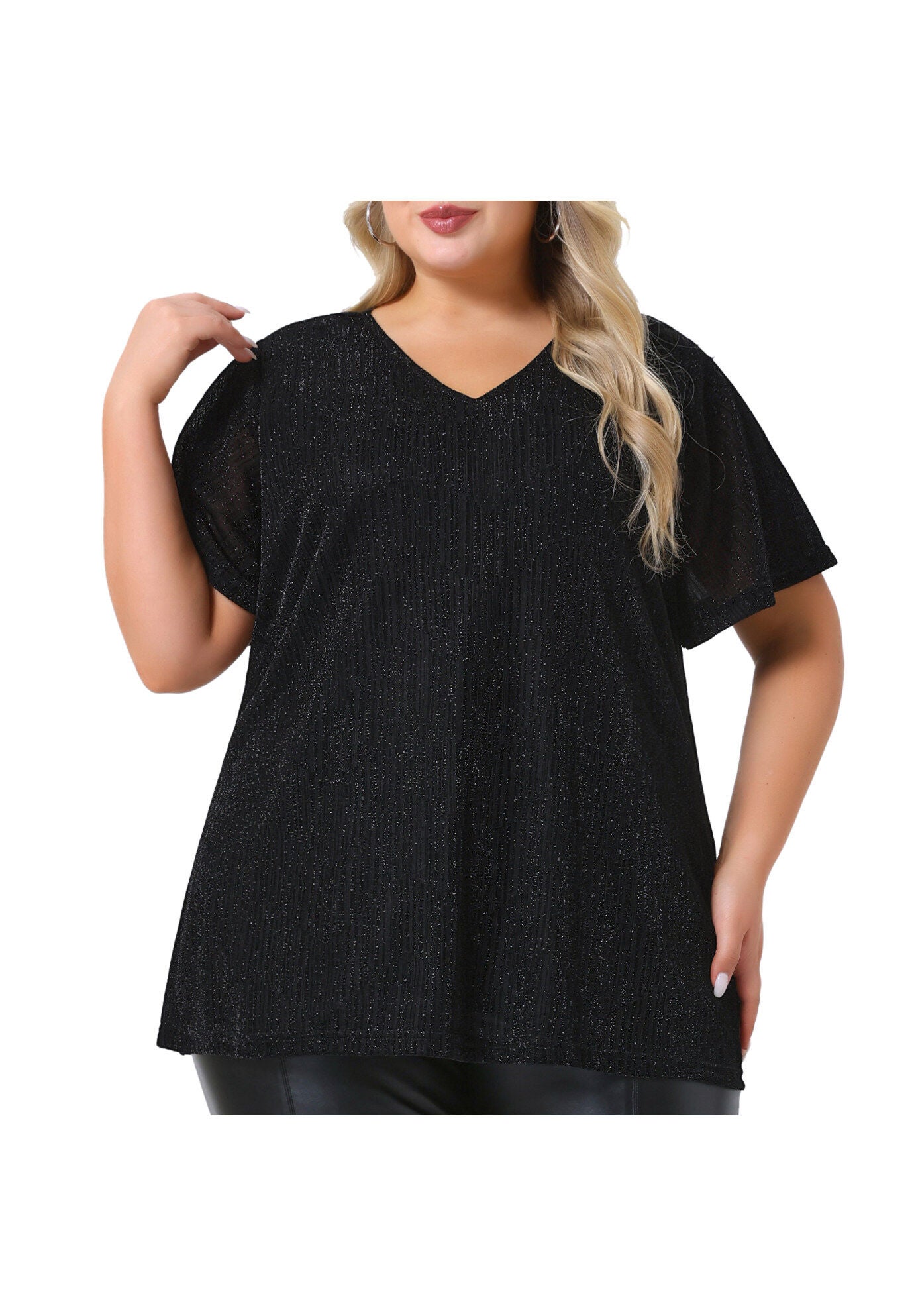 V Neck Metallic Short Sleeve Party Blouse Tee Top, Black / Black, alternate image number 2