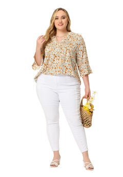 Pleated Long Sleeves V Neck Floral Blouse Top