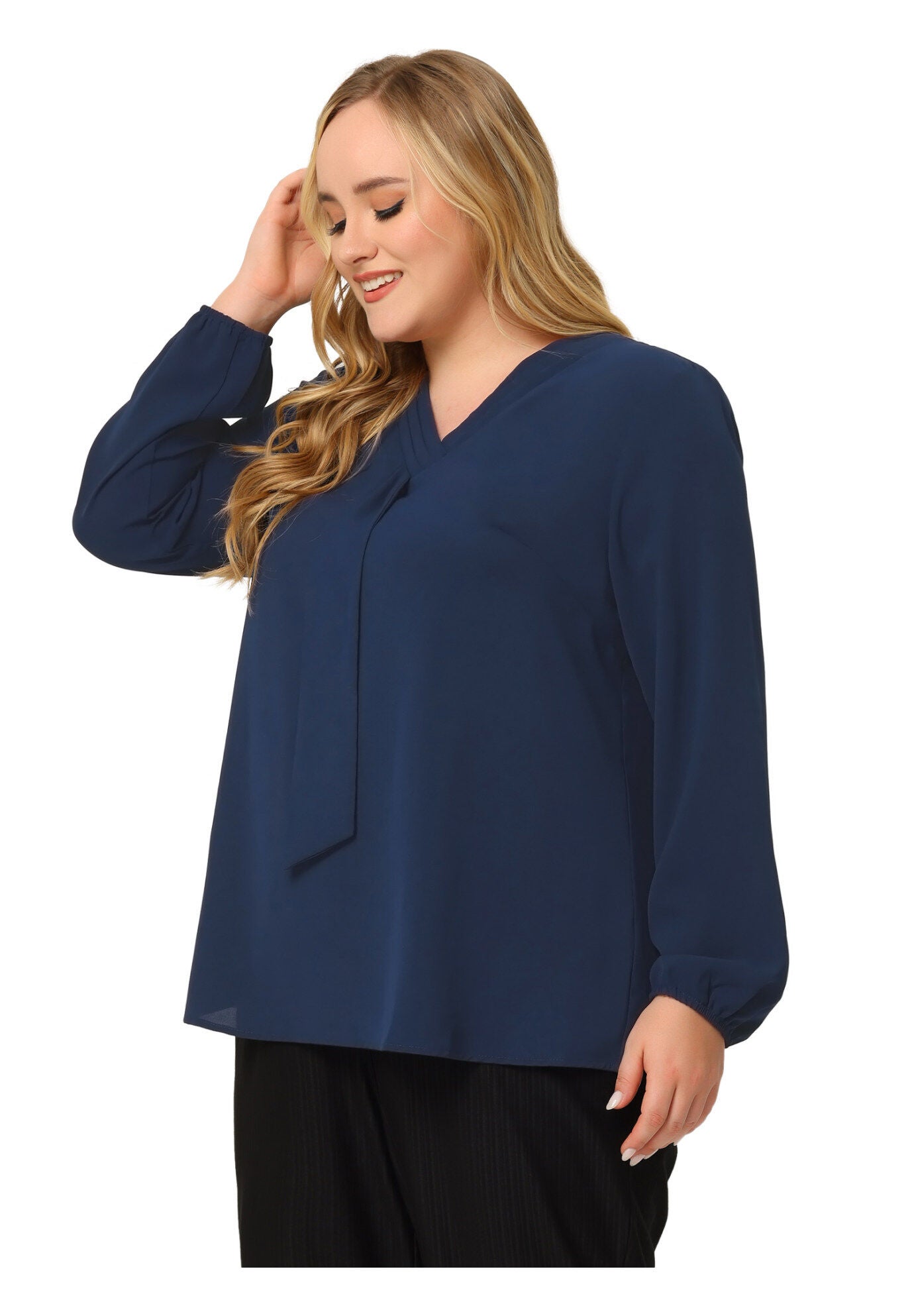 V Neck Long Sleeve Ruffle Tie Front Office Work Chiffon Blouse Top, Dark Blue / Navy, hi-res image number 0